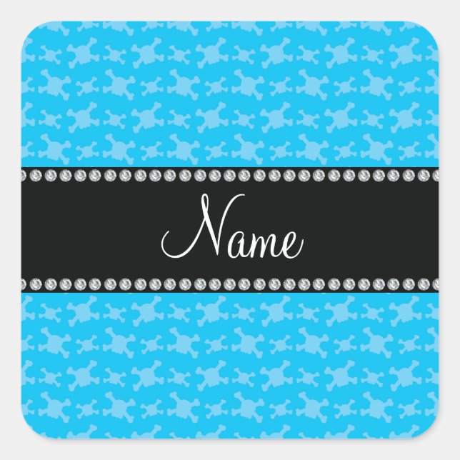 Personalised name blue skulls pattern square sticker (Front)