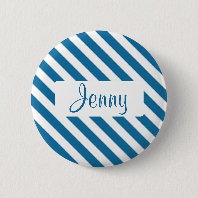 Personalised name blue stripe 6 cm round badge (Front)