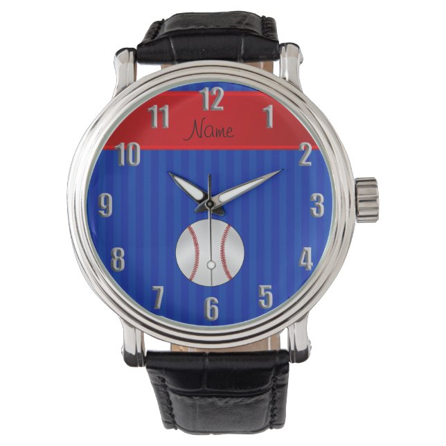 Personalised name blue stripes baseball watch (Front)