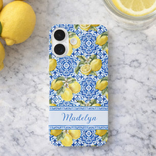 Personalised Name Blue Tile Mediterranean Lemon iPhone 16 Case