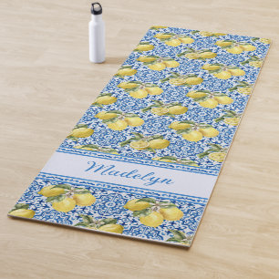 Personalised Name Blue Tile Mediterranean Lemon Yoga Mat