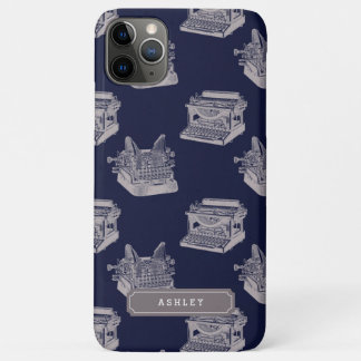 Personalised Name Blue Vintage Typewriter Pattern iPhone 11 Pro Max Case