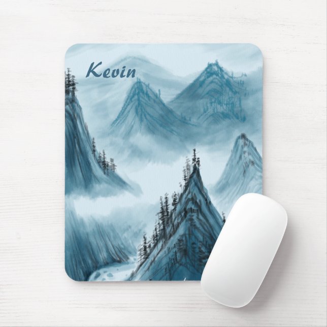 Personalised Name Blue White Mountain View Mouse Mat (With Mouse)