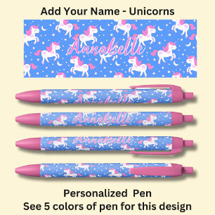 Personalised Name, Blue with Pink White Unicorns Black Ink Pen