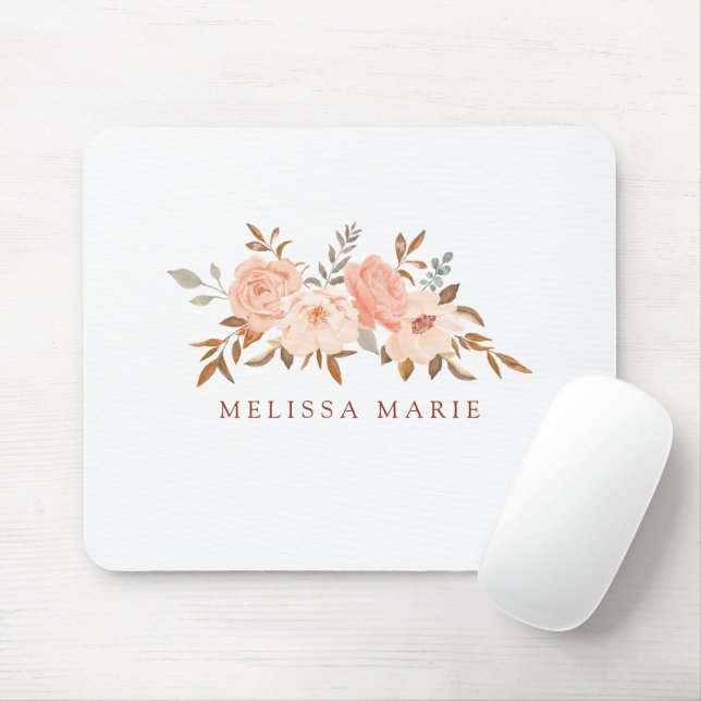 Personalised Name Blush Fall Floral Watercolor Mouse Mat (With Mouse)