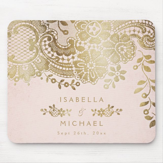 Personalised name blush gold vintage lace mouse mat (Front)