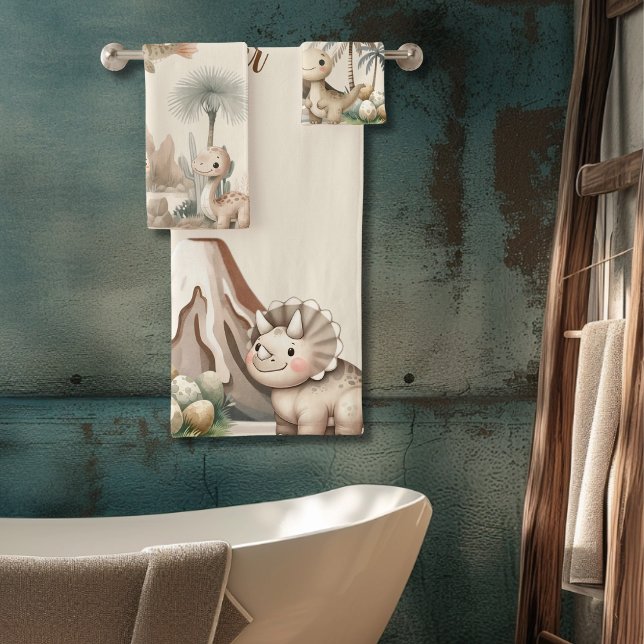 Personalised Name Boho Cute Dinosaur Bath Towel Set (Creator Uploaded)