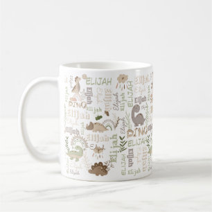 Personalised name boho doodle dinosaur green brow coffee mug
