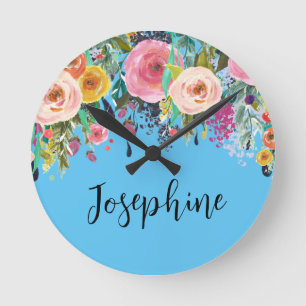 Personalised Name Boho Floral Bedroom Nursery Art Round Clock