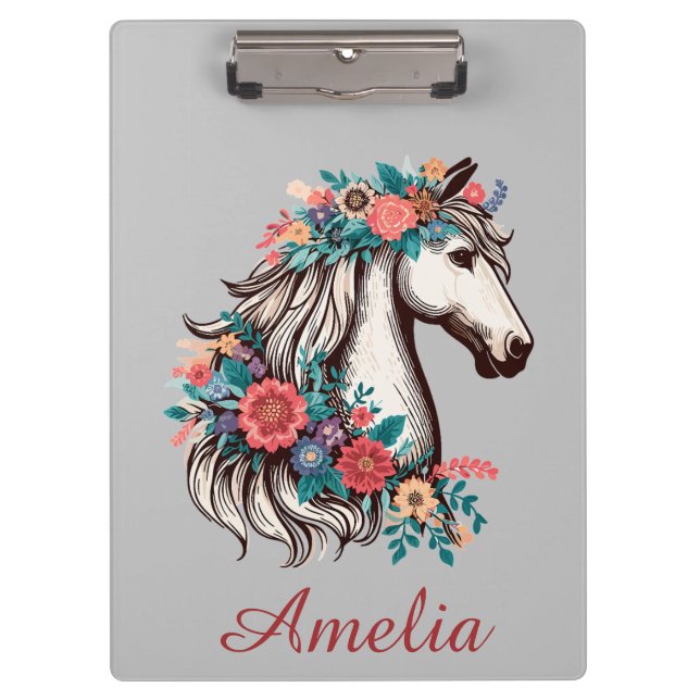 Personalised Name Boho Horse with Flowers Clipboard (Front)