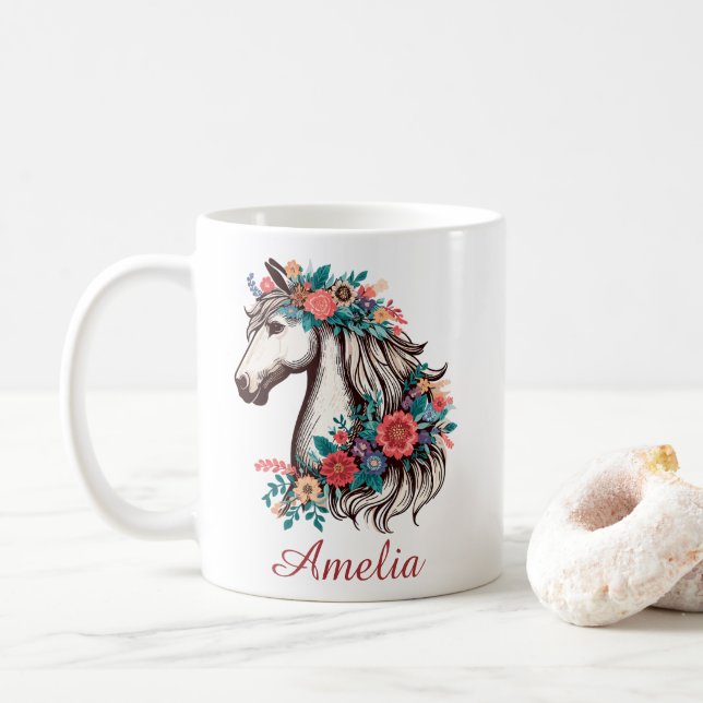 Personalised Name Boho Horse with Flowers Coffee Mug (With Donut)
