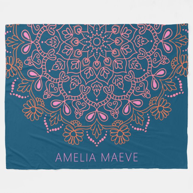 Personalised Name Boho Mandala Floral Blue Pink  Fleece Blanket (Front (Horizontal))