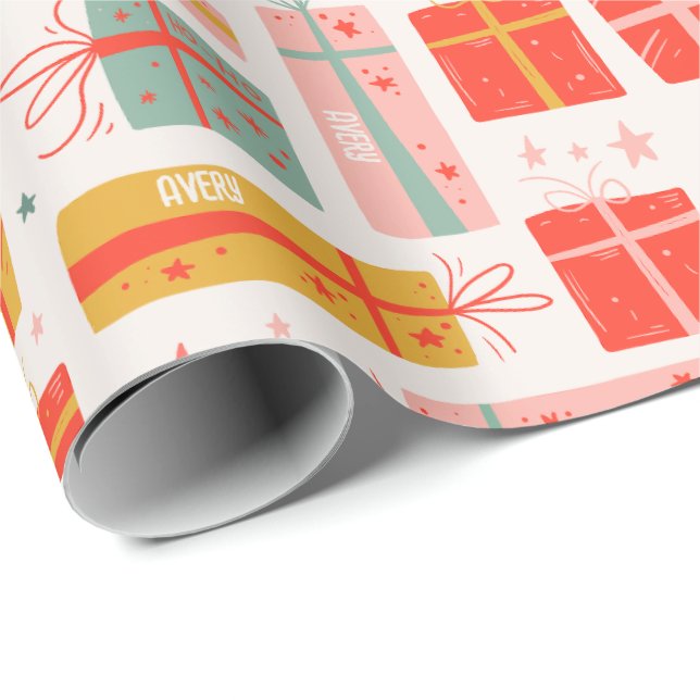 Personalised Name Boho Presents Pattern Christmas Wrapping Paper (Roll Corner)