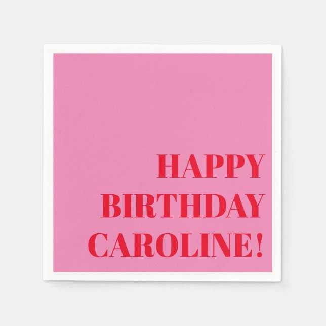 Personalised Name Bold Pink Red Modern Birthday Napkin (Front)