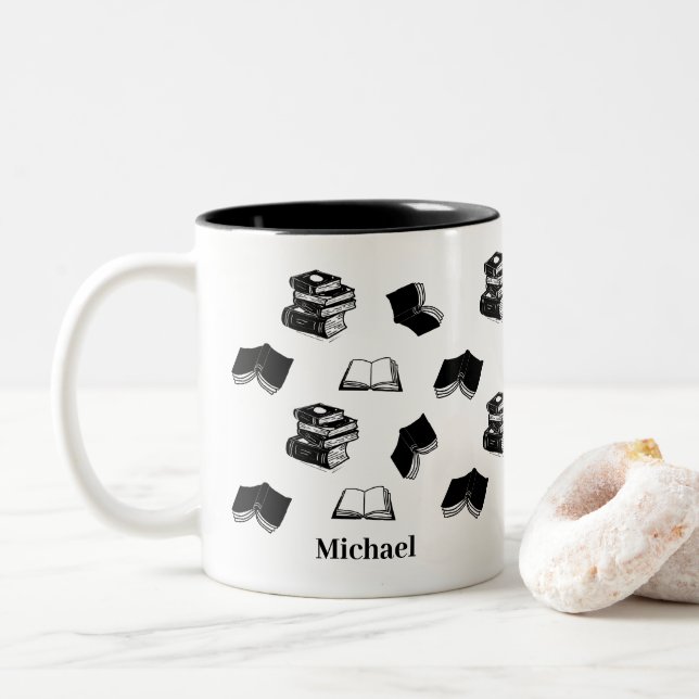 Personalised Name Bookish Bibliophile Book Pattern Two-Tone Coffee Mug (With Donut)