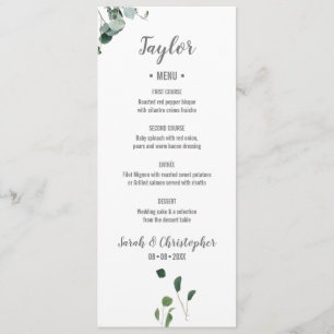 Personalised Name Botanical Greenery leaves Menu