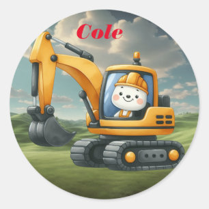 Personalised name boy's Excavator Classic Round Sticker