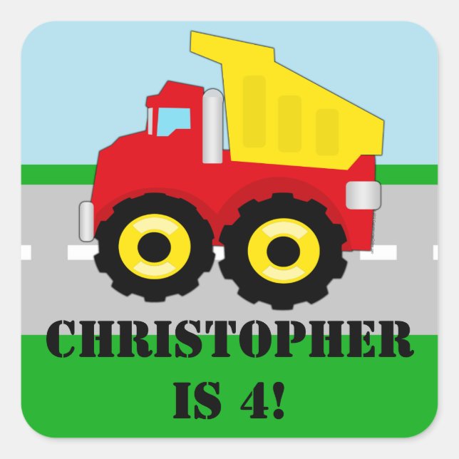 Personalised Name Boys Kids Construction Dumpruck Square Sticker (Front)