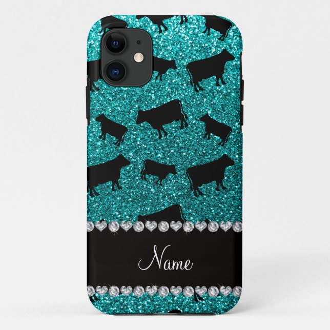 Personalised name bright aqua glitter cows Case-Mate iPhone case (Back)