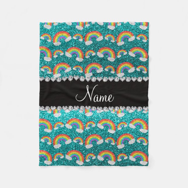 Personalised name bright aqua glitter rainbows fleece blanket (Front)