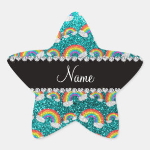 Personalised name bright aqua glitter rainbows star sticker