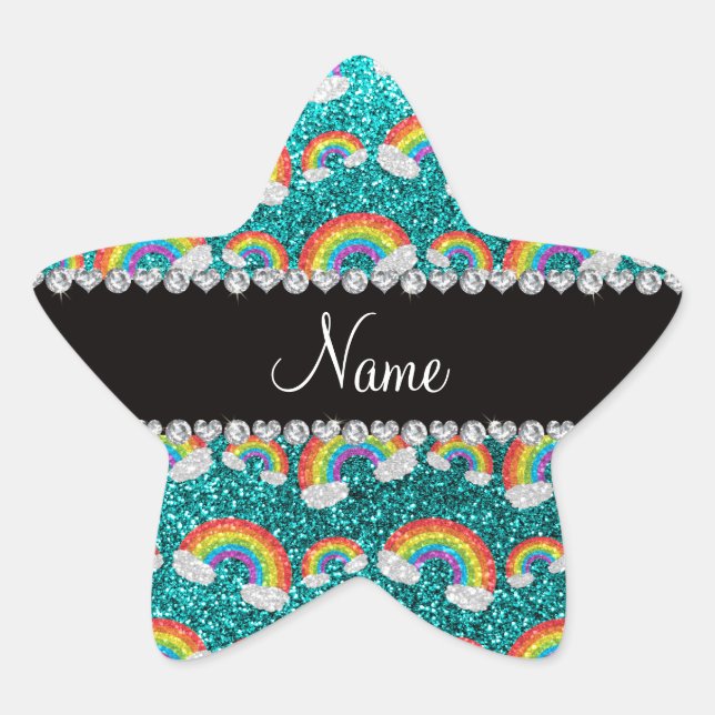 Personalised name bright aqua glitter rainbows star sticker (Front)