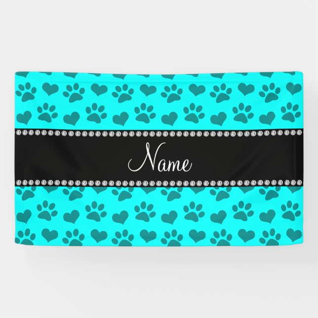 Personalised name bright aqua hearts and paw print banner (Horizontal)