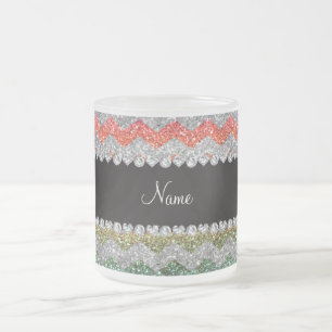 Personalised name bright rainbow glitter chevrons frosted glass coffee mug