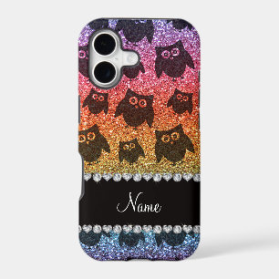 Personalised name bright rainbow glitter owls