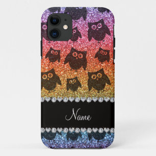 Personalised name bright rainbow glitter owls iPhone 11 case