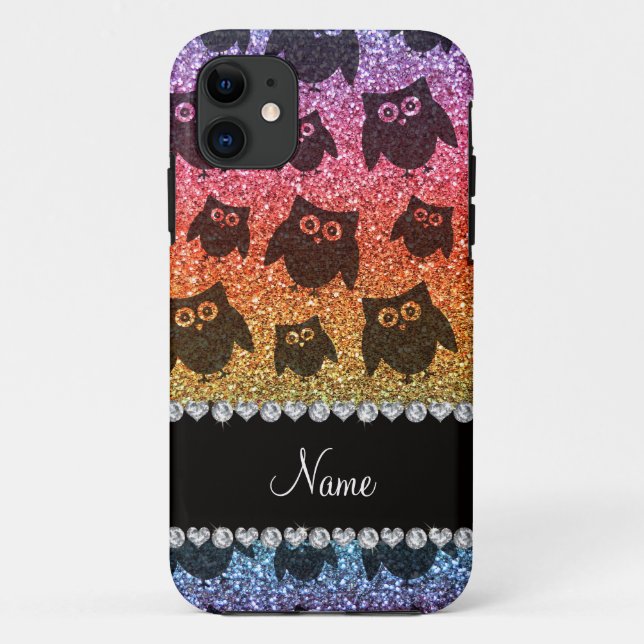 Personalised name bright rainbow glitter owls Case-Mate iPhone case (Back)