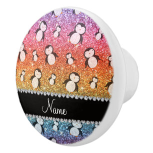Personalised name bright rainbow glitter penguins ceramic knob
