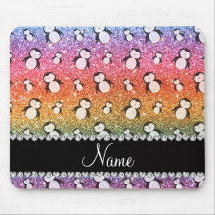 Personalised name bright rainbow glitter penguins mouse mat