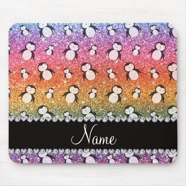 Personalised name bright rainbow glitter penguins mouse mat (Front)