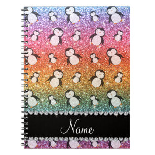 Personalised name bright rainbow glitter penguins notebook