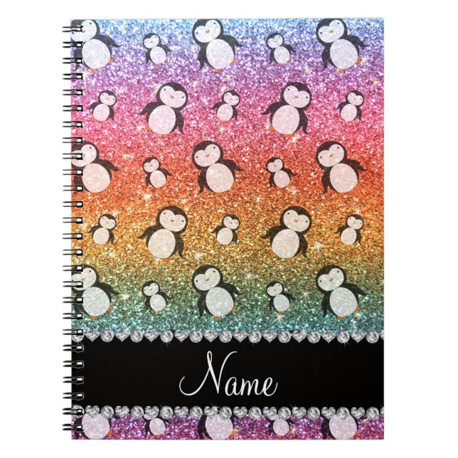 Personalised name bright rainbow glitter penguins notebook (Front)