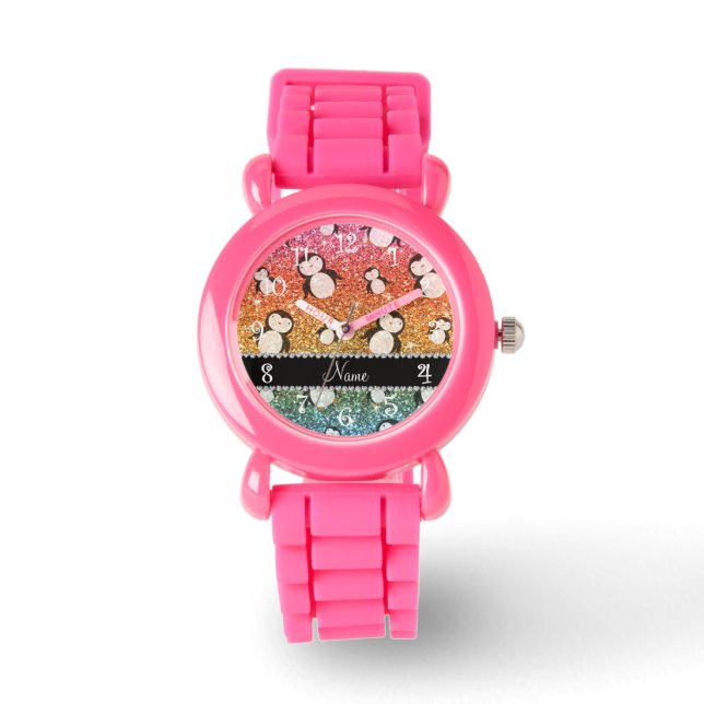 Personalised name bright rainbow glitter penguins watch (Front)