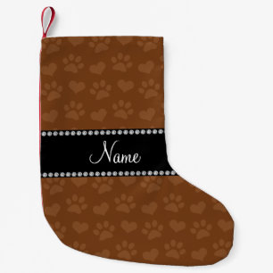 Personalised name brown hearts and paw prints small christmas stocking