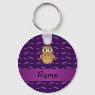 Personalised name brown owl purple moustaches key ring