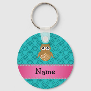 Personalised name brown owl turquoise half circles key ring