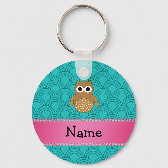 Personalised name brown owl turquoise half circles key ring (Front)