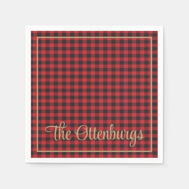 Personalised Name Buffalo Plaid Red Rustic Party Napkin (Front)