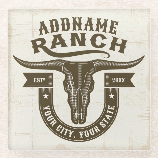 Personalised NAME Bull Steer Skull Western Ranch Glass Coaster (Front)