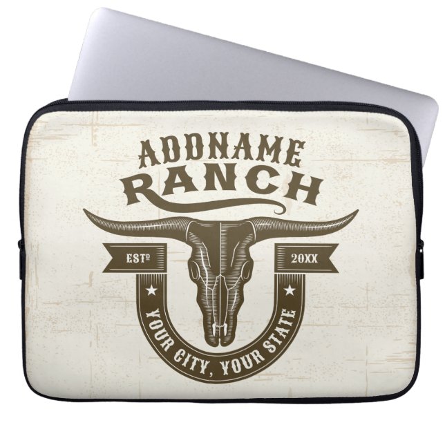 Personalised NAME Bull Steer Skull Western Ranch Laptop Sleeve (Front)