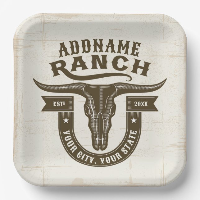 Personalised NAME Bull Steer Skull Western Ranch Paper Plate (Front)