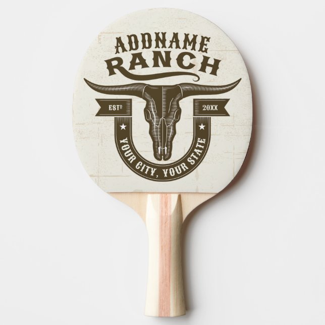 Personalised NAME Bull Steer Skull Western Ranch Ping Pong Paddle (Front)