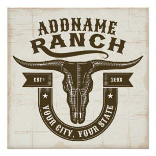 Personalised NAME Bull Steer Skull Western Ranch Poster