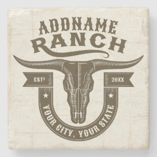 Personalised NAME Bull Steer Skull Western Ranch Stone Coaster