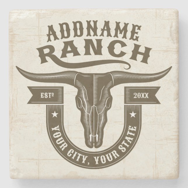 Personalised NAME Bull Steer Skull Western Ranch Stone Coaster (Front)