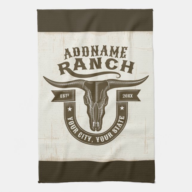 Personalised NAME Bull Steer Skull Western Ranch Tea Towel (Vertical)